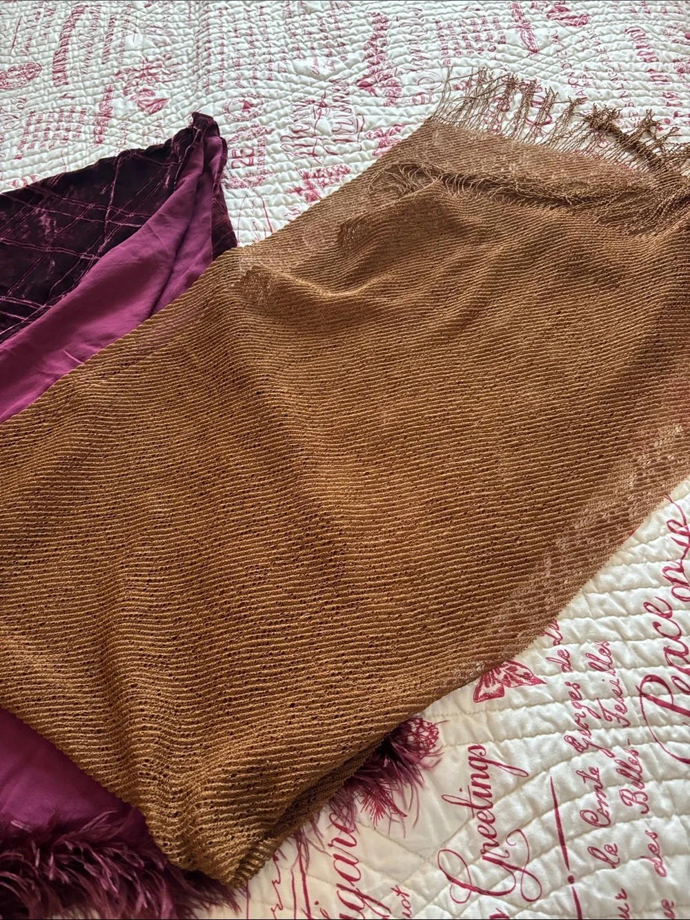 Vintage Wraps/Scarf Bundle: Burgundy Velvet Fringe/Feather & Copper Fringe Wrap